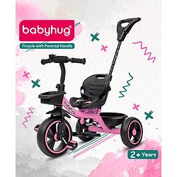 Babyhug Tricycle with Parental Push Handle-Orange| Safety Harness| Foldable Footrest| Storage Baskets| Anti-Slip Pedals| Adjustable Push Bar| Puncture Proof Wheels| Comfortable Seat| High Backrest