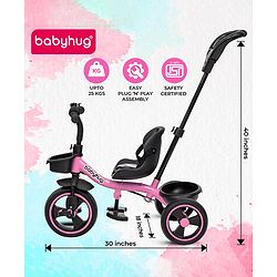 Babyhug Tricycle with Parental Push Handle-Orange| Safety Harness| Foldable Footrest| Storage Baskets| Anti-Slip Pedals| Adjustable Push Bar| Puncture Proof Wheels| Comfortable Seat| High Backrest