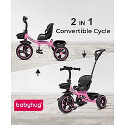 Babyhug Tricycle with Parental Push Handle-Orange| Safety Harness| Foldable Footrest| Storage Baskets| Anti-Slip Pedals| Adjustable Push Bar| Puncture Proof Wheels| Comfortable Seat| High Backrest