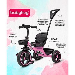 Babyhug Tricycle with Parental Push Handle-Orange| Safety Harness| Foldable Footrest| Storage Baskets| Anti-Slip Pedals| Adjustable Push Bar| Puncture Proof Wheels| Comfortable Seat| High Backrest