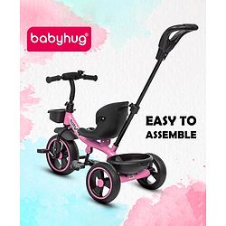 Babyhug Tricycle with Parental Push Handle-Orange| Safety Harness| Foldable Footrest| Storage Baskets| Anti-Slip Pedals| Adjustable Push Bar| Puncture Proof Wheels| Comfortable Seat| High Backrest