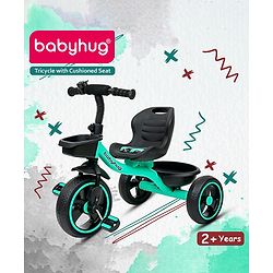 Babyhug Tricycle with Comfortable Seat & High Backrest|Storage Baskets| Anti-Slip Pedals| Puncture Proof Wheels| Easy to Assemble| Cushion Seat - Sea Green