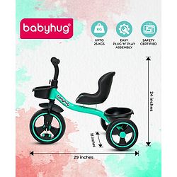 Babyhug Tricycle with Comfortable Seat & High Backrest|Storage Baskets| Anti-Slip Pedals| Puncture Proof Wheels| Easy to Assemble| Cushion Seat - Sea Green