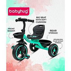 Babyhug Tricycle with Comfortable Seat & High Backrest|Storage Baskets| Anti-Slip Pedals| Puncture Proof Wheels| Easy to Assemble| Cushion Seat - Sea Green