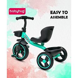 Babyhug Tricycle with Comfortable Seat & High Backrest|Storage Baskets| Anti-Slip Pedals| Puncture Proof Wheels| Easy to Assemble| Cushion Seat - Sea Green