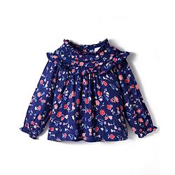 Babyhug Rayon Woven Full Sleeves Top With Floral Prints Lace & Frill Detailing - Navy Blue