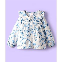 Babyhug 100% Cotton Poplin Woven Full Sleeves Floral Printed Peter Pan Collar Top - White