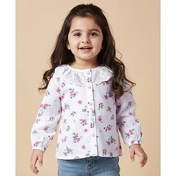 Babyhug Rayon Woven Full Sleeves Top with Front Buttons Lace Detailing & Floral Print - White