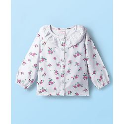 Babyhug Rayon Woven Full Sleeves Top with Front Buttons Lace Detailing & Floral Print - White