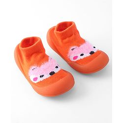 Cute Walk by Babyhug Sock Shoes with Bunny & Polka Dot Design - Orange