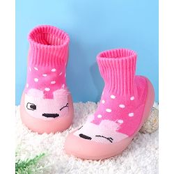 Cute Walk by Babyhug Sock Shoes with Bunny & Polka Dot Design - Fuchsia