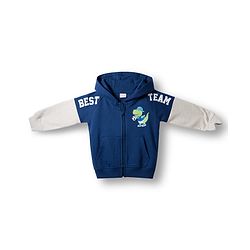 Babyhug Fleece Knit Full Raglan Sleeves Hooded SweatJacket with Dino Graphic & Kangaroo Pocket - Navy Blue