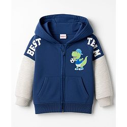 Babyhug Fleece Knit Full Raglan Sleeves Hooded SweatJacket with Dino Graphic & Kangaroo Pocket - Navy Blue