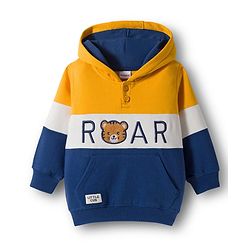 Babyhug Fleece Knit Full Sleeves Hooded Sweatshirt With Tiger Embroidery & Kangaroo Pockets - Blue & Yellow