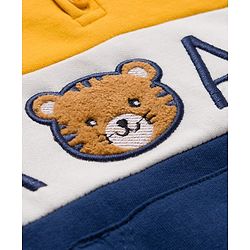 Babyhug Fleece Knit Full Sleeves Hooded Sweatshirt With Tiger Embroidery & Kangaroo Pockets - Blue & Yellow