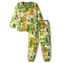 Babyhug Cotton Knit Full Sleeves Co-Ord Night Suit with Animal Print - Green