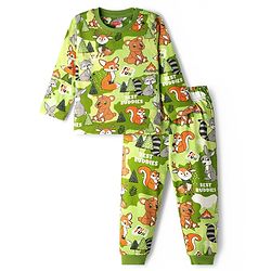 Babyhug Cotton Knit Full Sleeves Co-Ord Night Suit with Animal Print - Green