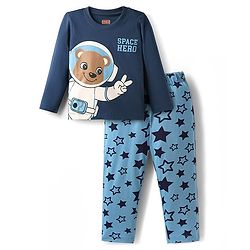 Babyhug Cotton Knit Full Sleeves Night Suit with Teddy Print - Navy Blue