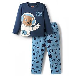 Babyhug Cotton Knit Full Sleeves Night Suit with Teddy Print - Navy Blue