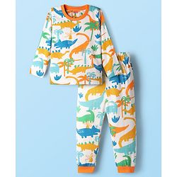 Babyhug Cotton Knit Full Sleeves Co-Ord Night Suit with Dino Print - White