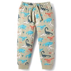 Babyhug Cotton Knit Full Length Lounge Pant With Dino Print - Olive Green