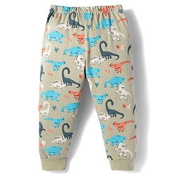 Babyhug Cotton Knit Full Length Lounge Pant With Dino Print - Olive Green