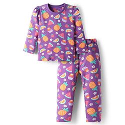 Babyhug Cotton Knit Full Sleeves Co-Ord Night Suit with Fruits & Cupcake Print - Purple