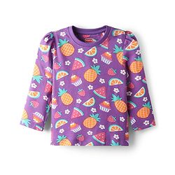 Babyhug Cotton Knit Full Sleeves Co-Ord Night Suit with Fruits & Cupcake Print - Purple