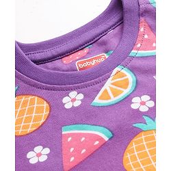 Babyhug Cotton Knit Full Sleeves Co-Ord Night Suit with Fruits & Cupcake Print - Purple