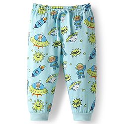 Babyhug Cotton Knit Full Length Lounge Pant with Space Theme Print - Light Blue