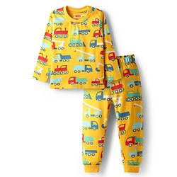 Babyhug Cotton Knit Full Sleeves Co-Ord Night Suit with Vehicle Print - Light Orange