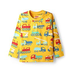 Babyhug Cotton Knit Full Sleeves Co-Ord Night Suit with Vehicle Print - Light Orange
