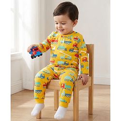 Babyhug Cotton Knit Full Sleeves Co-Ord Night Suit with Vehicle Print - Light Orange