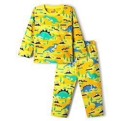 Babyhug Cotton Knit Full Sleeves Co-Ord Night Suit with  Dino Print - Yellow
