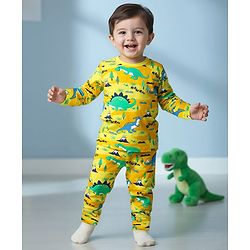 Babyhug Cotton Knit Full Sleeves Co-Ord Night Suit with  Dino Print - Yellow