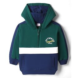 Babyhug Fleece Knit Full Sleeves Front Open Hooded Sweatshirt with Authentic Text Print & Kangaroo Pocket- Dark Green & Navy Blue