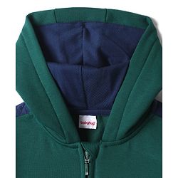 Babyhug Fleece Knit Full Sleeves Front Open Hooded Sweatshirt with Authentic Text Print & Kangaroo Pocket- Dark Green & Navy Blue