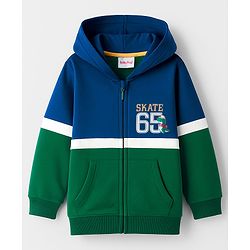 Babyhug Fleece Knit Full Sleeves Hooded Sweatjacket With Dino Print & Kangaroo Pockets - Blue & Green