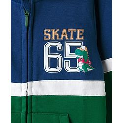 Babyhug Fleece Knit Full Sleeves Hooded Sweatjacket With Dino Print & Kangaroo Pockets - Blue & Green