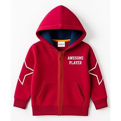 Babyhug Fleece Knit Full Sleeves Front Open Hooded SweatJacket with Tiger Graphic - Red