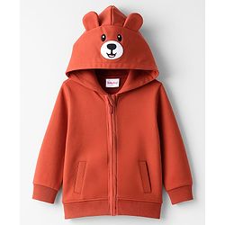 Babyhug Fleece Knit Full Sleeves Hooded Sweatjacket With Teddy Bear Embroidery - Rust Orange