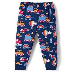 Babyhug Cotton Knit Full Length Lounge Pant With Vehicle Print - Navy Blue