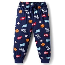 Babyhug Cotton Knit Full Length Lounge Pant with Sports Print - Navy Blue