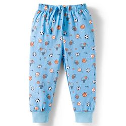 Babyhug Cotton Knit Full Length Lounge Pants with Sports Theme Print - Light Blue