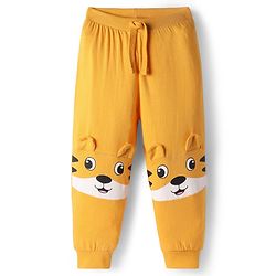 Babyhug Cotton Knit Full Length Lounge Pant With Animal Print & Ear Applique - Mustard