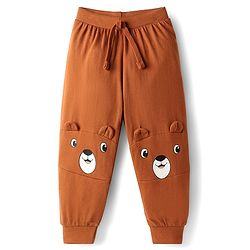 Babyhug Cotton Knit Full Length Lounge Pant with Bear Print & Ear Applique - Brown