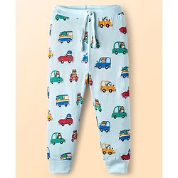 Babyhug Cotton Knit Full Length Lounge Pant With Vehicle Print - Light Blue