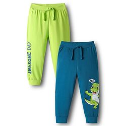 Babyhug Cotton Knit Full Length Dino & Text Printed Lounge Pants Pack Of 2  - Teal Blue & Lime Green