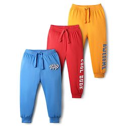 Babyhug Cotton Knit Full Length Lounge Pant with Text Print Pack of 3 - Blue Red & Yellow