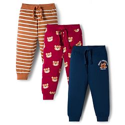 Babyhug Cotton Knit Full Length Lounge Pant With Animal Print Pack Of 3 - Navy Blue Red & Brown